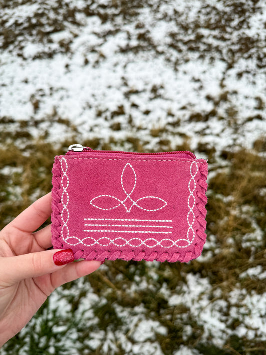 PINK BOOT-STITCH LEATHER COIN POUCH