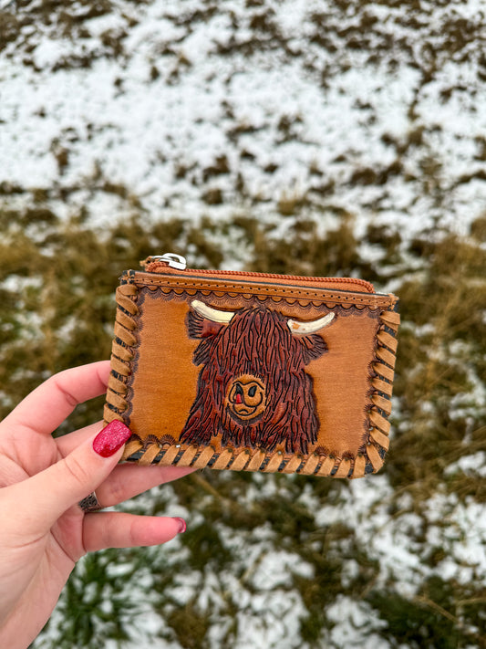 HIGHLAND COW TOOLED LEATHER AND COWHIDE COIN POUCH