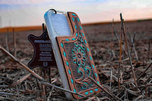 TURQUOISE FLORAL TOOLED LEATHER PHONE CASE